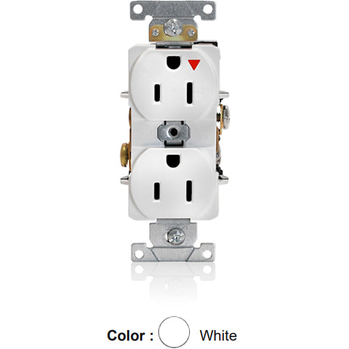 Leviton 5262-IGW, Standard Straight Blade Duplex Receptacle, Heavy-Duty Industrial Specification Grade, Smooth Face, Isolated Ground, 15A 125V, NEMA 5-15R, 2-Pole, 3-Wire, Back and Side Wire, White