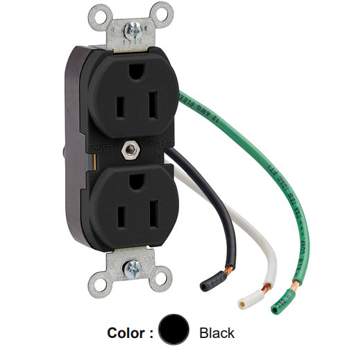 Leviton 5262-LE, Standard Straight Blade Duplex Receptacle, Heavy-Duty Industrial Specification Grade, Smooth Face, 15A 125V, NEMA 5-15R, 2-Pole, 3-Wire, Pre-Wired Leads, Black