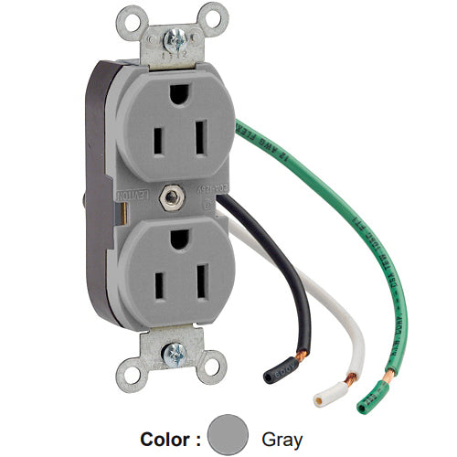 Leviton 5262-LGY, Standard Straight Blade Duplex Receptacle, Heavy-Duty Industrial Specification Grade, Smooth Face, 15A 125V, NEMA 5-15R, 2-Pole, 3-Wire, Pre-Wired Leads, Gray