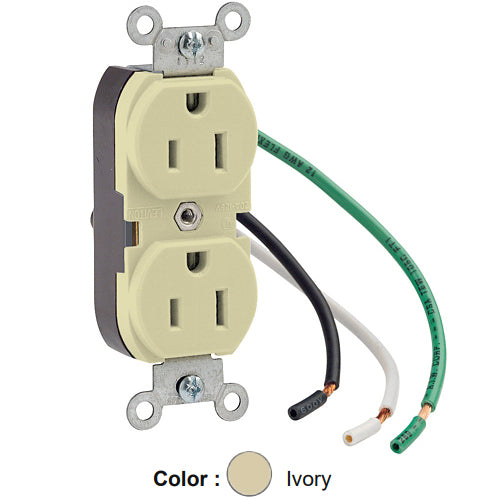 Leviton 5262-LI, Standard Straight Blade Duplex Receptacle, Heavy-Duty Industrial Specification Grade, Smooth Face, 15A 125V, NEMA 5-15R, 2-Pole, 3-Wire, Pre-Wired Leads, Ivory