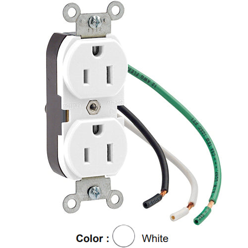 Leviton 5262-LW, Standard Straight Blade Duplex Receptacle, Heavy-Duty Industrial Specification Grade, Smooth Face, 15A 125V, NEMA 5-15R, 2-Pole, 3-Wire, Pre-Wired Leads, White