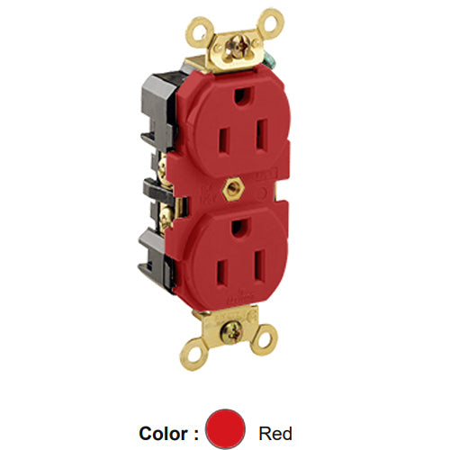 Leviton 5262-R, Standard Straight Blade Duplex Receptacle, Extra Heavy-Duty Industrial Specification Grade, Smooth Face, 15A 125V, NEMA 5-15R, 2-Pole, 3-Wire, Back and Side Wire, Red