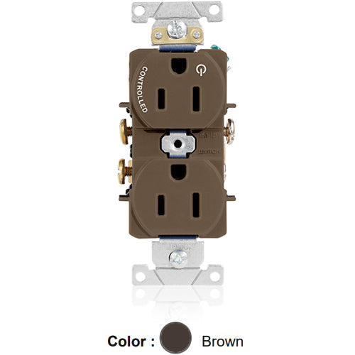Leviton 5262-S1, Standard Straight Blade Duplex Receptacle, Heavy-Duty Industrial Specification Grade, Split-Circuit, One Outlet Marked ''Controlled'', Smooth Face, 15A 125V, NEMA 5-15R, 2-Pole, 3-Wire, Back and Side Wire, Brown