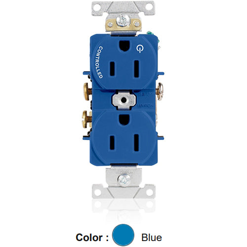 Leviton 5262-S1B, Standard Straight Blade Duplex Receptacle, Heavy-Duty Industrial Specification Grade, Split-Circuit, One Outlet Marked ''Controlled'', Smooth Face, 15A 125V, NEMA 5-15R, 2-Pole, 3-Wire, Back and Side Wire, Blue