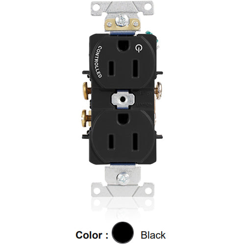 Leviton 5262-S1E, Standard Straight Blade Duplex Receptacle, Heavy-Duty Industrial Specification Grade, Split-Circuit, One Outlet Marked ''Controlled'', Smooth Face, 15A 125V, NEMA 5-15R, 2-Pole, 3-Wire, Back and Side Wire, Black