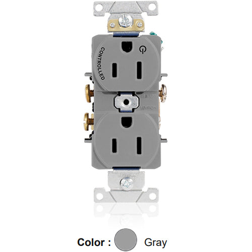Leviton 5262-S1G, Standard Straight Blade Duplex Receptacle, Heavy-Duty Industrial Specification Grade, Split-Circuit, One Outlet Marked ''Controlled'', Smooth Face, 15A 125V, NEMA 5-15R, 2-Pole, 3-Wire, Back and Side Wire, Gray