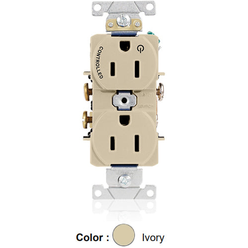 Leviton 5262-S1I, Standard Straight Blade Duplex Receptacle, Heavy-Duty Industrial Specification Grade, Split-Circuit, One Outlet Marked ''Controlled'', Smooth Face, 15A 125V, NEMA 5-15R, 2-Pole, 3-Wire, Back and Side Wire, Ivory
