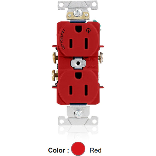 Leviton 5262-S1R, Standard Straight Blade Duplex Receptacle, Heavy-Duty Industrial Specification Grade, Split-Circuit, One Outlet Marked ''Controlled'', Smooth Face, 15A 125V, NEMA 5-15R, 2-Pole, 3-Wire, Back and Side Wire, Red