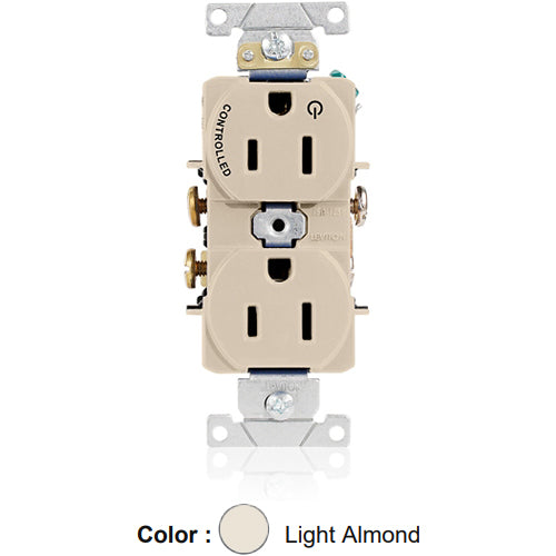 Leviton 5262-S1T, Standard Straight Blade Duplex Receptacle, Heavy-Duty Industrial Specification Grade, Split-Circuit, One Outlet Marked ''Controlled'', Smooth Face, 15A 125V, NEMA 5-15R, 2-Pole, 3-Wire, Back and Side Wire, Light Almond