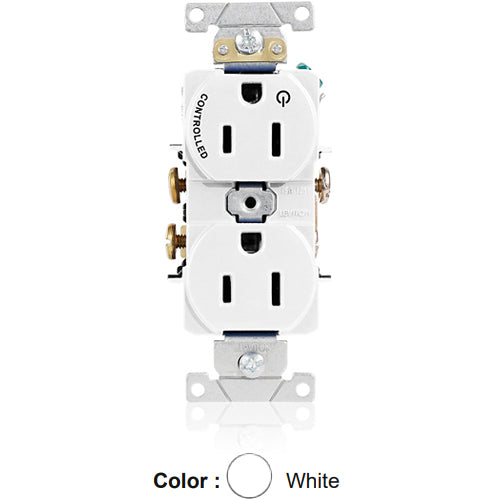 Leviton 5262-S1W, Standard Straight Blade Duplex Receptacle, Heavy-Duty Industrial Specification Grade, Split-Circuit, One Outlet Marked ''Controlled'', Smooth Face, 15A 125V, NEMA 5-15R, 2-Pole, 3-Wire, Back and Side Wire, White
