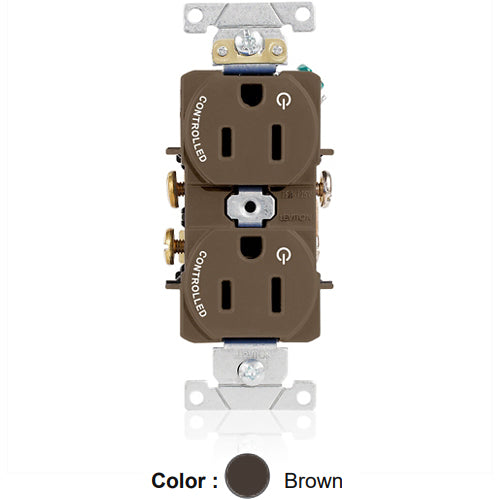 Leviton 5262-S2, Standard Straight Blade Duplex Receptacle, Heavy-Duty Industrial Specification Grade, Two Outlets Marked ''Controlled'', Smooth Face, 15A 125V, NEMA 5-15R, 2-Pole, 3-Wire, Back and Side Wire, Brown