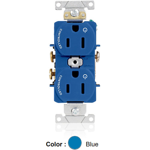 Leviton 5262-S2B, Standard Straight Blade Duplex Receptacle, Heavy-Duty Industrial Specification Grade, Two Outlets Marked ''Controlled'', Smooth Face, 15A 125V, NEMA 5-15R, 2-Pole, 3-Wire, Back and Side Wire, Blue