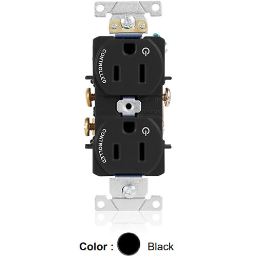 Leviton 5262-S2E, Standard Straight Blade Duplex Receptacle, Heavy-Duty Industrial Specification Grade, Two Outlets Marked ''Controlled'', Smooth Face, 15A 125V, NEMA 5-15R, 2-Pole, 3-Wire, Back and Side Wire, Black