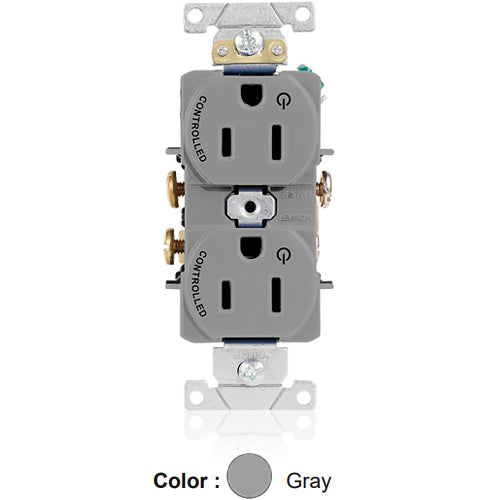 Leviton 5262-S2G, Standard Straight Blade Duplex Receptacle, Heavy-Duty Industrial Specification Grade, Two Outlets Marked ''Controlled'', Smooth Face, 15A 125V, NEMA 5-15R, 2-Pole, 3-Wire, Back and Side Wire, Gray