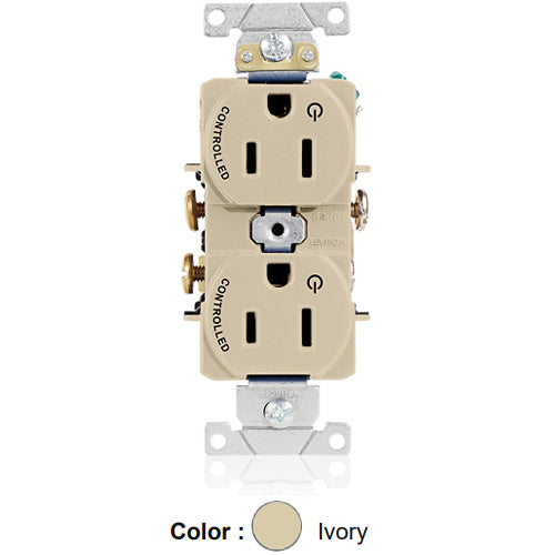 Leviton 5262-S2I, Standard Straight Blade Duplex Receptacle, Heavy-Duty Industrial Specification Grade, Two Outlets Marked ''Controlled'', Smooth Face, 15A 125V, NEMA 5-15R, 2-Pole, 3-Wire, Back and Side Wire, Ivory