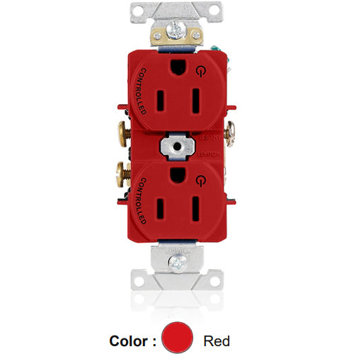 Leviton 5262-S2R, Standard Straight Blade Duplex Receptacle, Heavy-Duty Industrial Specification Grade, Two Outlets Marked ''Controlled'', Smooth Face, 15A 125V, NEMA 5-15R, 2-Pole, 3-Wire, Back and Side Wire, Red