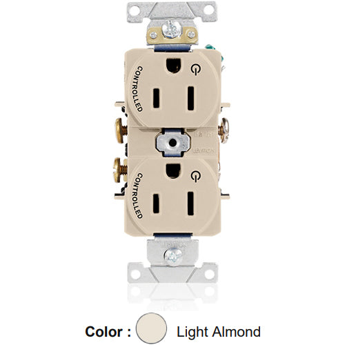 Leviton 5262-S2T, Standard Straight Blade Duplex Receptacle, Heavy-Duty Industrial Specification Grade, Two Outlets Marked ''Controlled'', Smooth Face, 15A 125V, NEMA 5-15R, 2-Pole, 3-Wire, Back and Side Wire, Light Almond