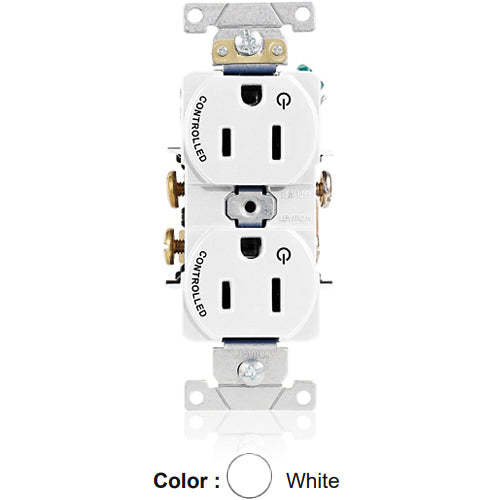 Leviton 5262-S2W, Standard Straight Blade Duplex Receptacle, Heavy-Duty Industrial Specification Grade, Two Outlets Marked ''Controlled'', Smooth Face, 15A 125V, NEMA 5-15R, 2-Pole, 3-Wire, Back and Side Wire, White