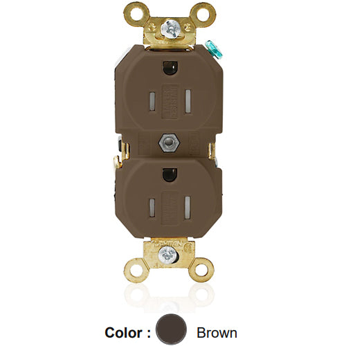 Leviton 5262-SG, Standard Straight Blade Duplex Receptacle, Extra Heavy-Duty Industrial Specification Grade, Smooth Face, Tamper-Resistant, 15A 125V, NEMA 5-15R, 2-Pole, 3-Wire, Back and Side Wire, Brown