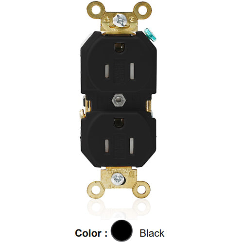 Leviton 5262-SGE, Standard Straight Blade Duplex Receptacle, Extra Heavy-Duty Industrial Specification Grade, Smooth Face, Tamper-Resistant, 15A 125V, NEMA 5-15R, 2-Pole, 3-Wire, Back and Side Wire, Black