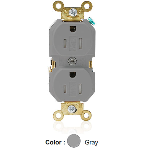 Leviton 5262-SGG, Standard Straight Blade Duplex Receptacle, Extra Heavy-Duty Industrial Specification Grade, Smooth Face, Tamper-Resistant, 15A 125V, NEMA 5-15R, 2-Pole, 3-Wire, Back and Side Wire, Gray