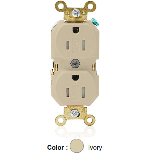 Leviton 5262-SGI, Standard Straight Blade Duplex Receptacle, Extra Heavy-Duty Industrial Specification Grade, Smooth Face, Tamper-Resistant, 15A 125V, NEMA 5-15R, 2-Pole, 3-Wire, Back and Side Wire, Ivory