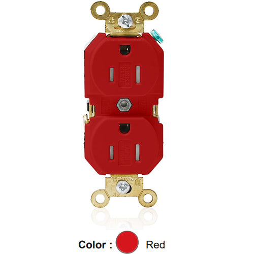 Leviton 5262-SGR, Standard Straight Blade Duplex Receptacle, Extra Heavy-Duty Industrial Specification Grade, Smooth Face, Tamper-Resistant, 15A 125V, NEMA 5-15R, 2-Pole, 3-Wire, Back and Side Wire, Red