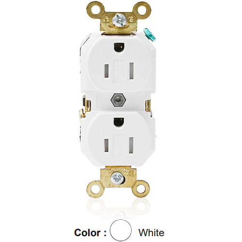 Leviton 5262-SGW, Standard Straight Blade Duplex Receptacle, Extra Heavy-Duty Industrial Specification Grade, Smooth Face, Tamper-Resistant, 15A 125V, NEMA 5-15R, 2-Pole, 3-Wire, Back and Side Wire, White