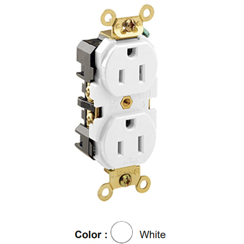 Leviton 5262-W, Standard Straight Blade Duplex Receptacle, Extra Heavy-Duty Industrial Specification Grade, Smooth Face, 15A 125V, NEMA 5-15R, 2-Pole, 3-Wire, Back and Side Wire, White