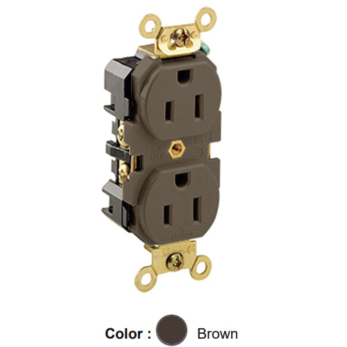 Leviton 5262, Standard Straight Blade Duplex Receptacle, Extra Heavy-Duty Industrial Specification Grade, Smooth Face, 15A 125V, NEMA 5-15R, 2-Pole, 3-Wire, Back and Side Wire, Brown