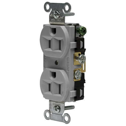 Hubbell-PRO 5262AG, Heavy Duty Duplex Receptacles, Finder Groove Face, Back and Side Wired, 15A 125V, 5-15R, 2-Pole 3-Wire Grounding, Gray