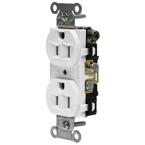 Hubbell-PRO 5262AW, Heavy Duty Duplex Receptacles, Finder Groove Face, Back and Side Wired, 15A 125V, 5-15R, 2-Pole 3-Wire Grounding, White