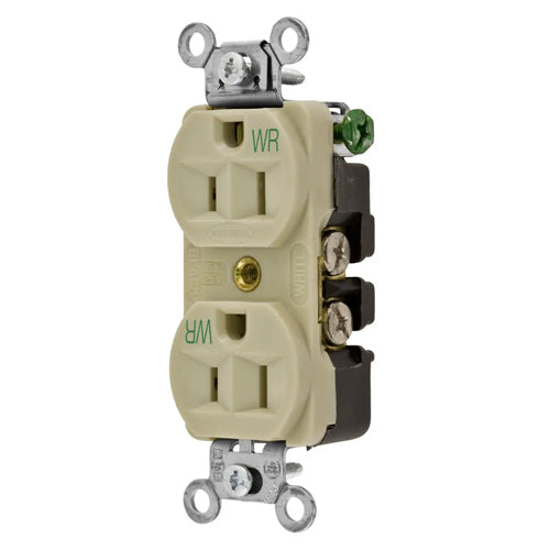 Hubbell-PRO 5262IWR, Heavy Duty Duplex Receptacles, Weather Resistant, Finder Groove Nylon Face, Back and Side Wired, 15A 125V, 5-15R, 2-Pole 3-Wire Grounding, Ivory