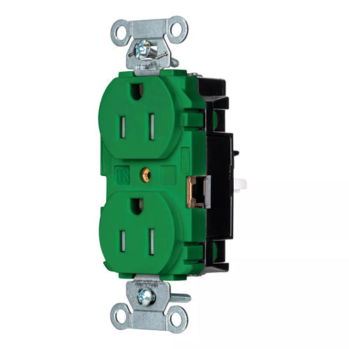 Hubbell-PRO 5262STGNTR, EdgeConnect Extra Heavy Duty Duplex Receptacles, Tamper Resistant, Smooth Face, Screwless Terminal, 15A 125V, 5-15R, 2-Pole 3-Wire Grounding, Green