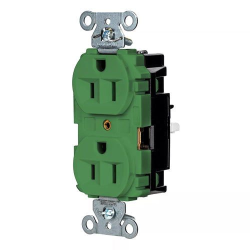 Hubbell-PRO 5262STGN, EdgeConnect Extra Heavy Duty Duplex Receptacles, Finder Groove Face, Screwless Terminal, 15A 125V, 5-15R, 2-Pole 3-Wire Grounding, Green