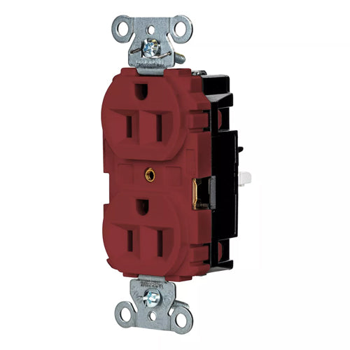 Hubbell-PRO 5262STR, EdgeConnect Extra Heavy Duty Duplex Receptacles, Finder Groove Face, Screwless Terminal, 15A 125V, 5-15R, 2-Pole 3-Wire Grounding, Red