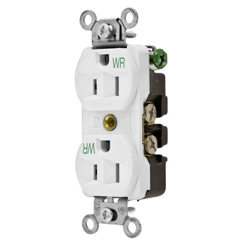 Hubbell-PRO 5262WWR, Heavy Duty Duplex Receptacles, Weather Resistant, Finder Groove Nylon Face, Back and Side Wired, 15A 125V, 5-15R, 2-Pole 3-Wire Grounding, White