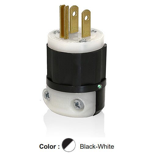 Leviton 5266-PLC, Straight Blade Plug, Industrial Grade, Power Indication, 15A 125V, NEMA 5-15P, 2-Pole, 3-Wire, Grounding, Black/White