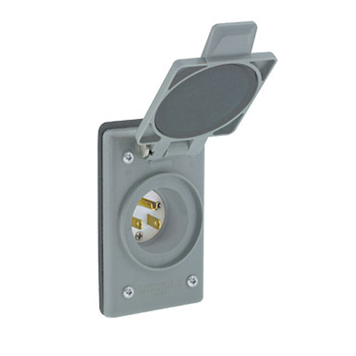 Leviton 5278-FWP, Straight Blade Power Inlet Receptacle, Industrial Grade, 15A 125V, NEMA 5-15P, 2-Pole, 3-Wire, Grounding, Slots for Forked Terminals Wired, Nylon Strap, Gray