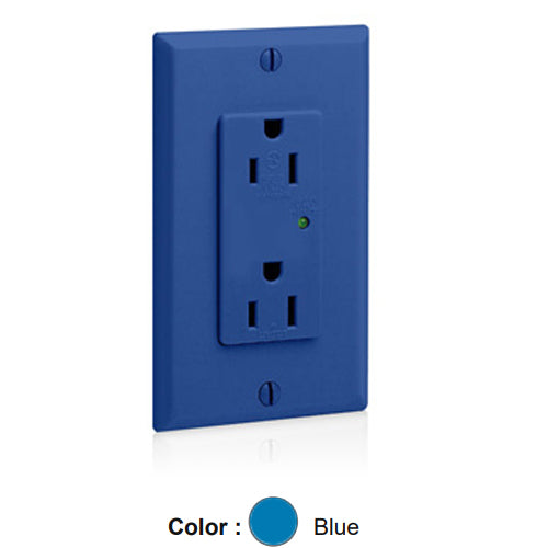 Leviton 5280-B, Decora Plus Surge Protective Duplex Receptacle, Commercial Specification Grade, Indicator Light, 15A 125V, NEMA 5-15R, 2-Pole, 3-Wire, Back and Side Wire, Blue