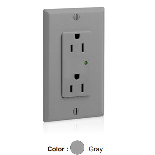 Leviton 5280-GY, Decora Plus Surge Protective Duplex Receptacle, Commercial Specification Grade, Indicator Light, 15A 125V, NEMA 5-15R, 2-Pole, 3-Wire, Back and Side Wire, Gray