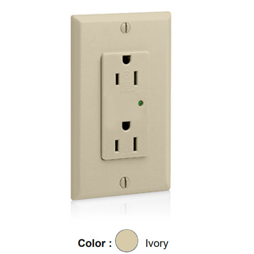 Leviton 5280-I, Decora Plus Surge Protective Duplex Receptacle, Commercial Specification Grade, Indicator Light, 15A 125V, NEMA 5-15R, 2-Pole, 3-Wire, Back and Side Wire, Ivory