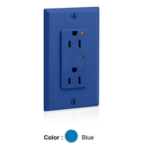 Leviton 5280-IGB, Decora Plus Surge Protective Duplex Receptacle, Commercial Specification Grade, Indicator Light, Isolated Ground, 15A 125V, NEMA 5-15R, 2-Pole, 3-Wire, Back and Side Wire, Blue
