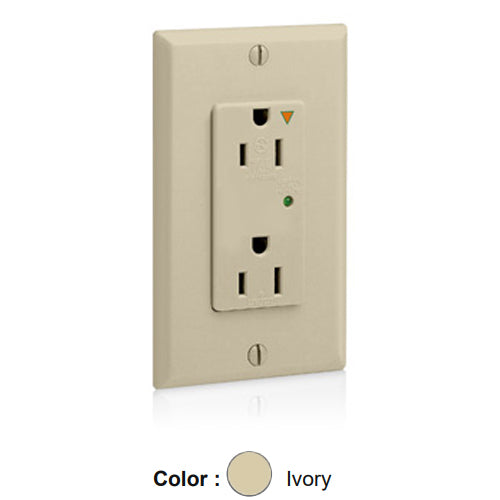 Leviton 5280-IGI, Decora Plus Surge Protective Duplex Receptacle, Commercial Specification Grade, Indicator Light, Isolated Ground, 15A 125V, NEMA 5-15R, 2-Pole, 3-Wire, Back and Side Wire, Ivory