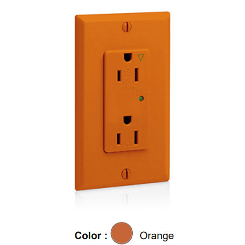 Leviton 5280-IGO, Decora Plus Surge Protective Duplex Receptacle, Commercial Specification Grade, Indicator Light, Isolated Ground, 15A 125V, NEMA 5-15R, 2-Pole, 3-Wire, Back and Side Wire, Orange