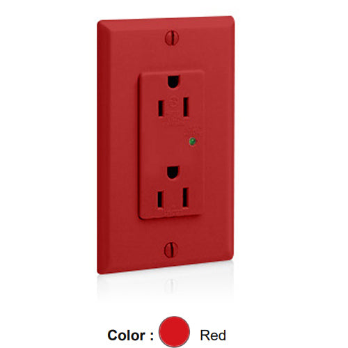 Leviton 5280-R, Decora Plus Surge Protective Duplex Receptacle, Commercial Specification Grade, Indicator Light, 15A 125V, NEMA 5-15R, 2-Pole, 3-Wire, Back and Side Wire, Red