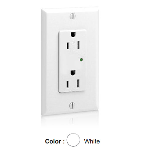 Leviton 5280-W, Decora Plus Surge Protective Duplex Receptacle, Commercial Specification Grade, Indicator Light, 15A 125V, NEMA 5-15R, 2-Pole, 3-Wire, Back and Side Wire, White