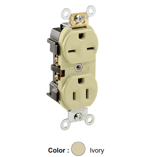 Leviton 5292-I, Standard Straight Blade Duplex Receptacle, Heavy-Duty Industrial Specification Grade, Dual Voltage, Smooth Face, 15A 125/250V, NEMA 5-15R/6-15R, 2-Pole, 3-Wire, Side Wire Only, Ivory