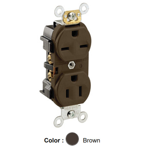 Leviton 5292, Standard Straight Blade Duplex Receptacle, Heavy-Duty Industrial Specification Grade, Dual Voltage, Smooth Face, 15A 125/250V, NEMA 5-15R/6-15R, 2-Pole, 3-Wire, Side Wire Only, Brown