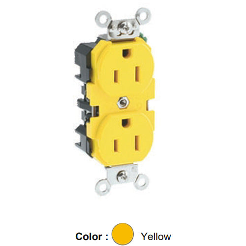 Leviton 52CM-62, Standard Straight Blade Duplex Receptacle, Extra Heavy-Duty Industrial Specification Grade, Corroson-Resistant, Smooth Face, 15A 125V, NEMA 5-15R, 2-Pole, 3-Wire, Back and Side Wire, Yellow